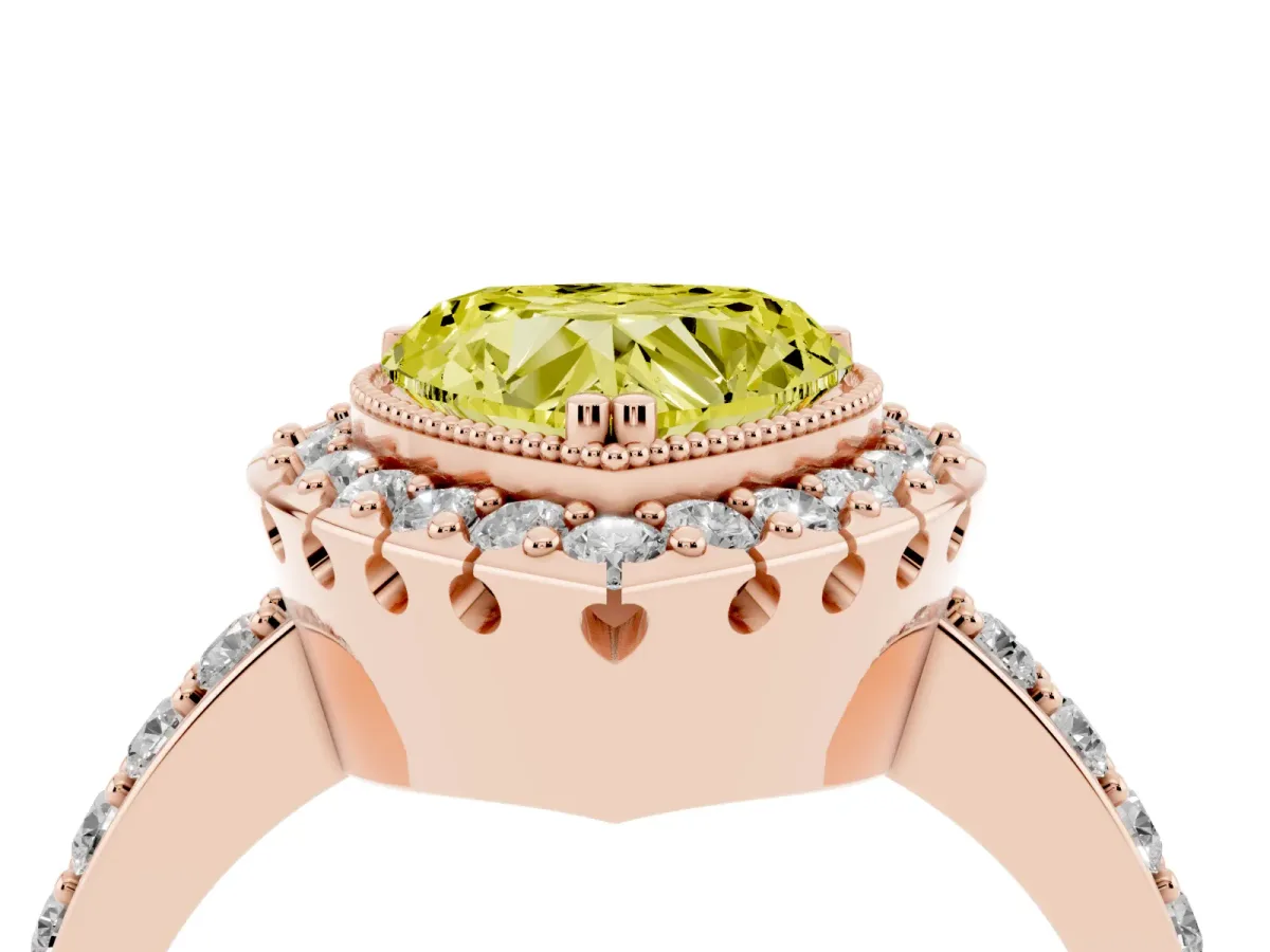 Fancy Yellow Heart Cut Diamond Halo Ring with Pavé Band and Prong Setting Rose gold