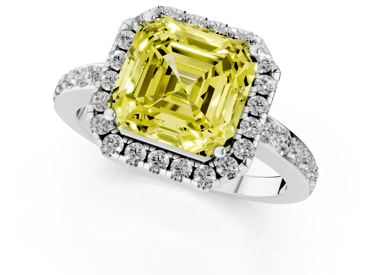 Fancy Yellow Asscher Cut Halo Diamond Pavé Band Ring with Prong Setting Silver