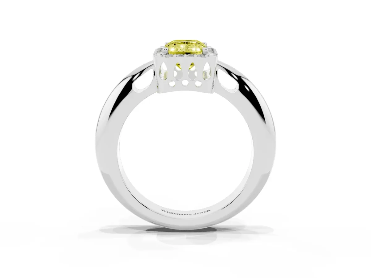 Fancy Yellow Emerald Cut Cut Diamond Halo Engagement Ring with Split Shank and Four-Prong Setting Platinum