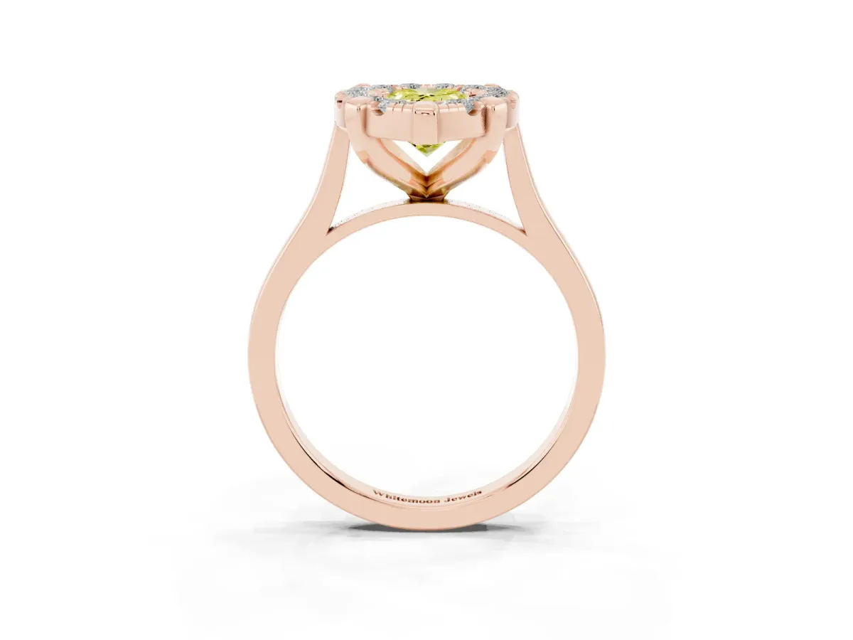 Fancy Yellow Pear Cut Diamond Cluster Halo Solitaire with Four-Prong Setting Rose gold