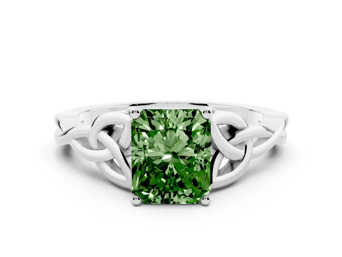 Fancy Green Radiant Cut Diamond Solitaire Engagement Ring with Celtic Knot Band and Four-Prong Setting Platinum