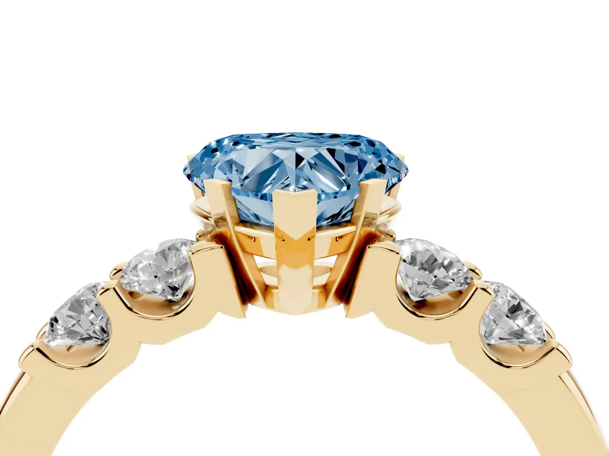 Fancy Blue Heart Cut Brilliant Cut Diamond Five-Stone Prong Set Engagement Ring with Channel Band Yellow gold