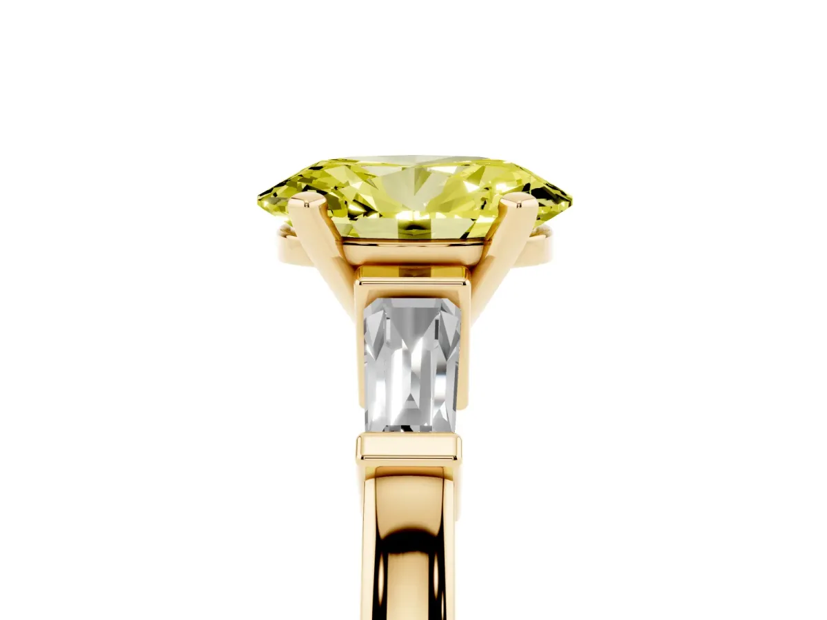 Fancy Yellow Oval Cut Cut Diamond Solitaire Ring with Tapered Baguette Accents and Four-Prong Setting Yellow gold