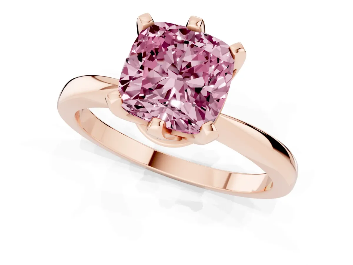 Fancy Pink Cushion Cut Solitaire Engagement Ring with Six-Prong Setting and Tapered Band Rose gold