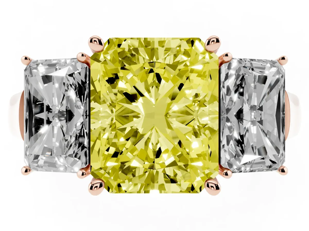 Fancy Yellow Three-Stone Radiant Cut Brilliant Diamond Trellis Ring with Comfort Fit Band Rose gold