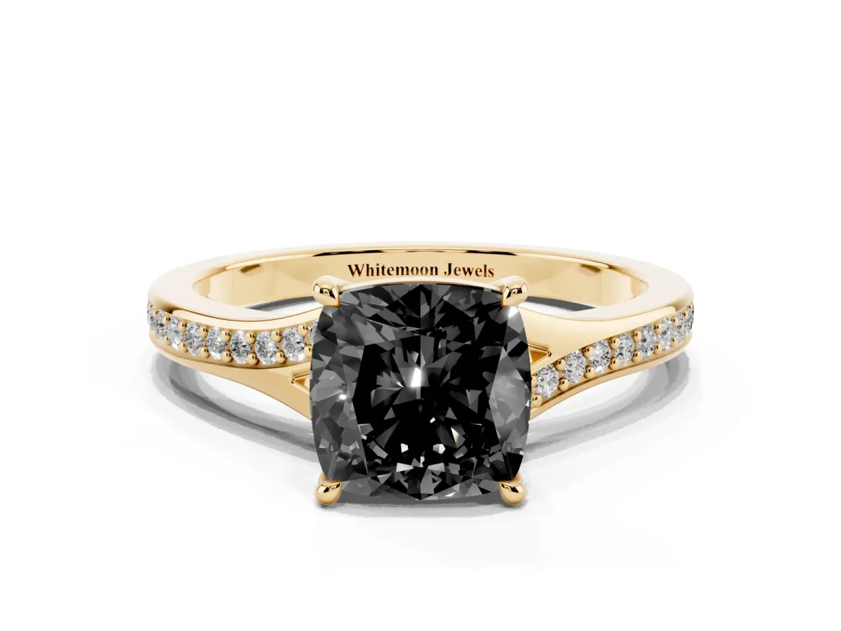 Fancy Black Cushion Cut Diamond Solitaire Ring with Pavé Band and Prong Setting Yellow gold