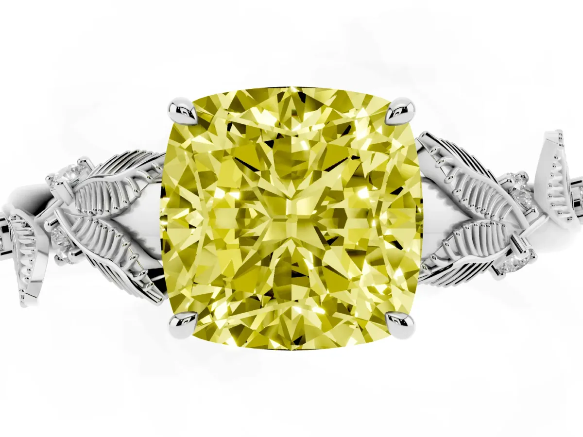 Fancy Yellow Cushion Cut Diamond Solitaire Ring with Leaf Motif Band and Four-Prong Setting Platinum