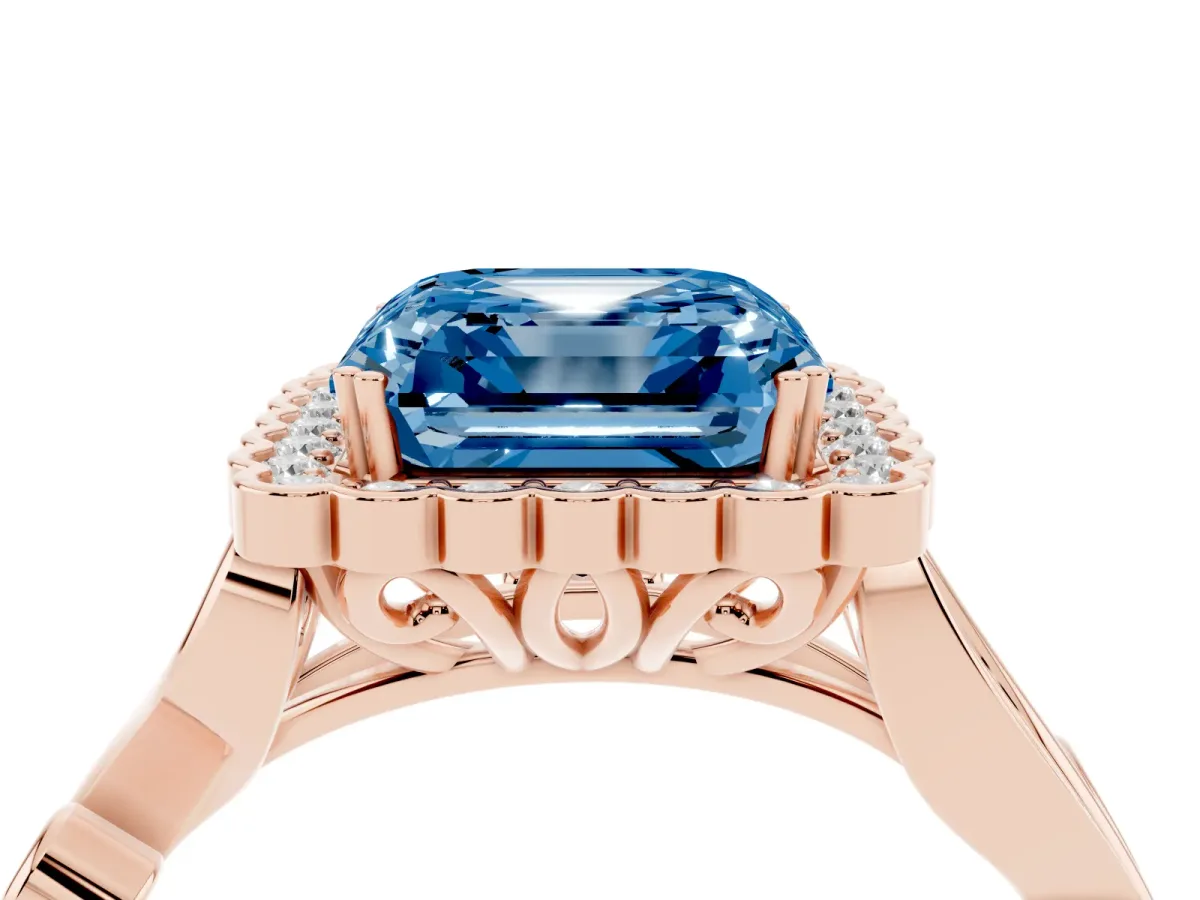 Fancy Blue Asscher Cut Diamond Halo Ring with Vintage Split Shank and Four-Prong Setting Rose gold