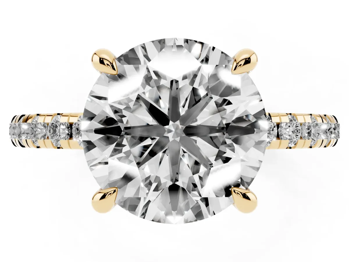 Round Cut Diamond Brilliant Solitaire Ring with Pavé Band and Four-Prong Setting Yellow gold