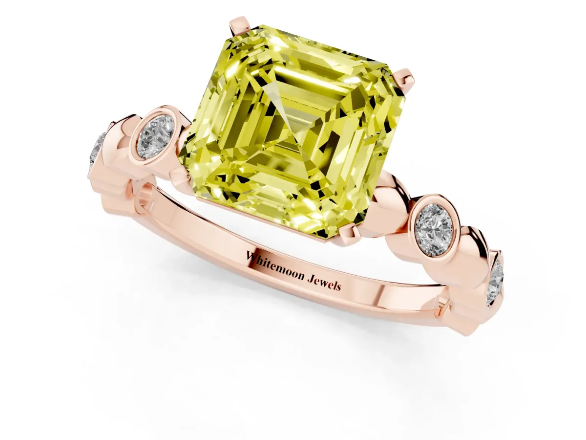 Fancy Yellow Asscher Cut Solitaire Bezel-Set Diamond Ring with Beaded Band and Four-Prong Setting Rose gold
