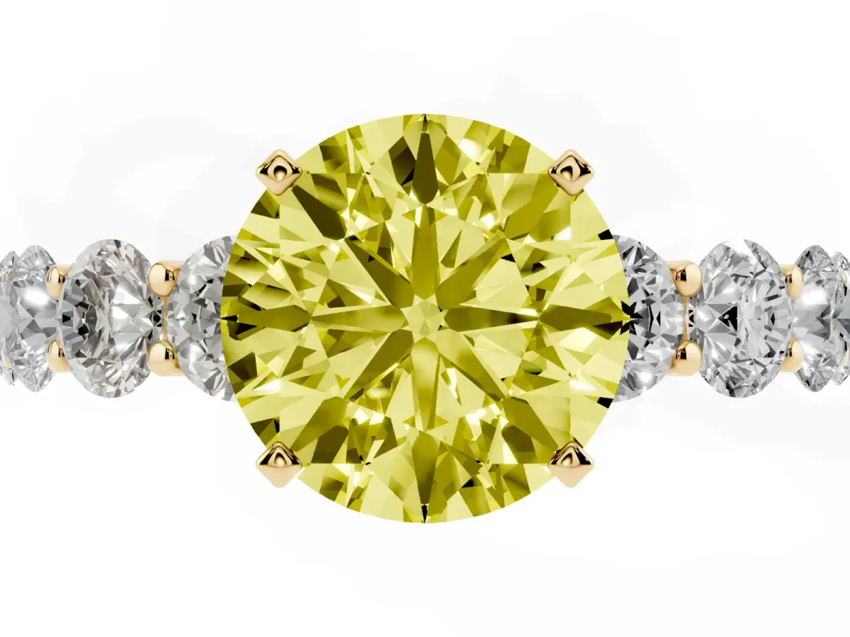 Fancy Yellow Round Cut Diamond Prong Setting with Side Stones on a Pave Band Yellow gold