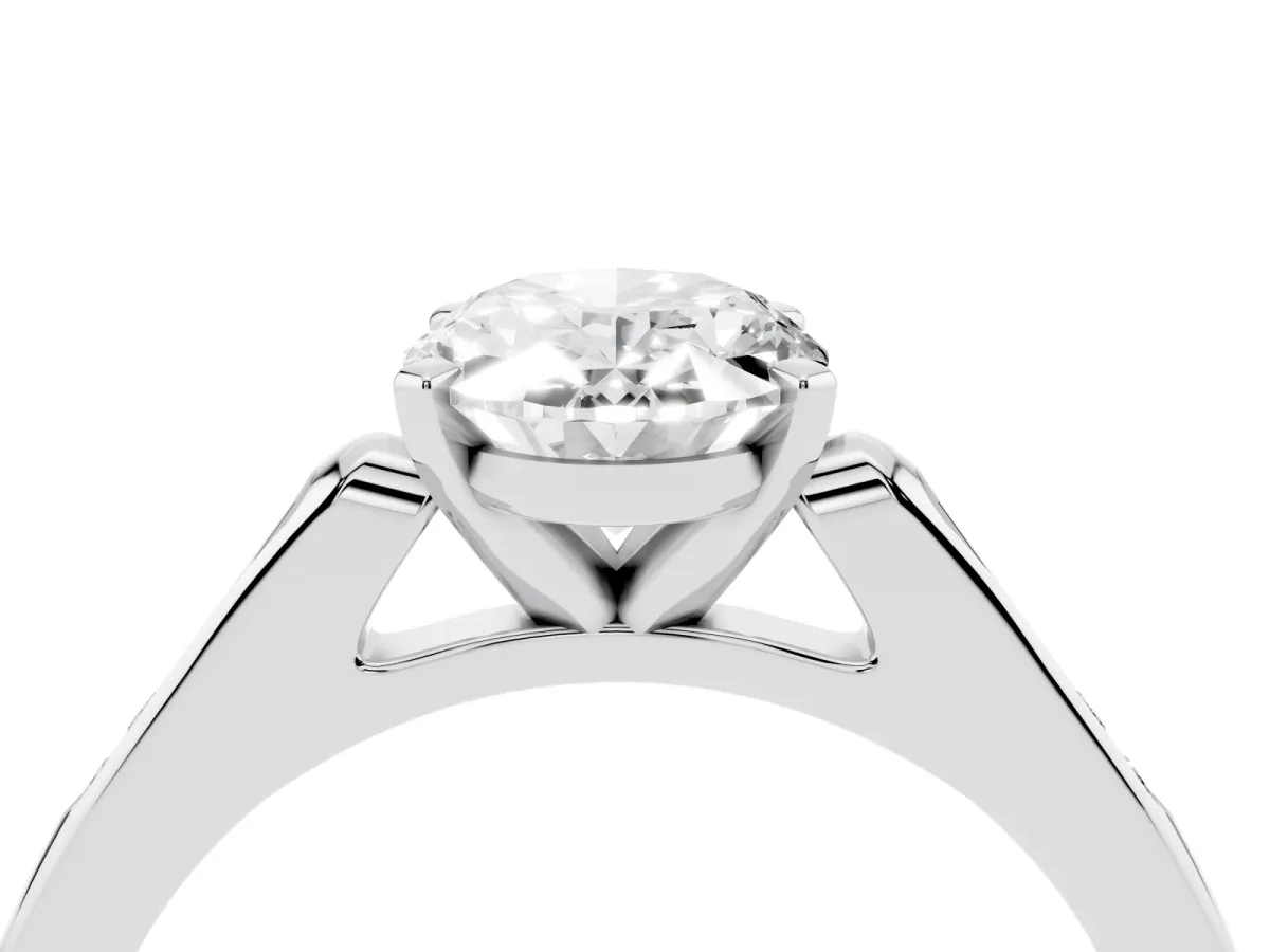 Oval Cut Diamond Solitaire Ring with Channel Set Round Band and Prong Setting Silver
