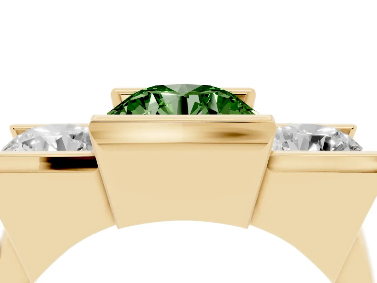 Fancy Green Three Stone Round Cut Cut Channel Set Diamond Ring Yellow gold