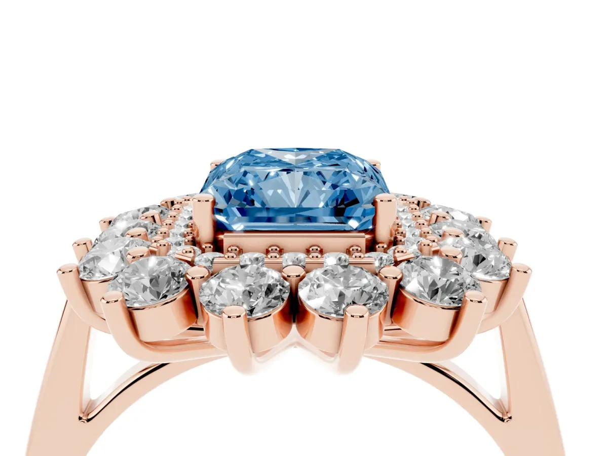 Fancy Blue Radiant Cut Diamond Floral Double Halo Engagement Ring with Prong Setting Rose gold