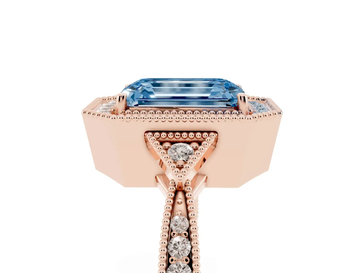 Fancy Blue Emerald Cut Halo Round Diamond Milgrain Pave Engagement Ring Rose gold