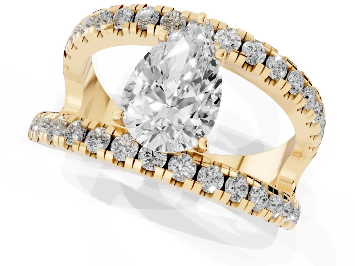 Pear Cut Solitaire Split Shank Pave Diamond Ring Yellow gold