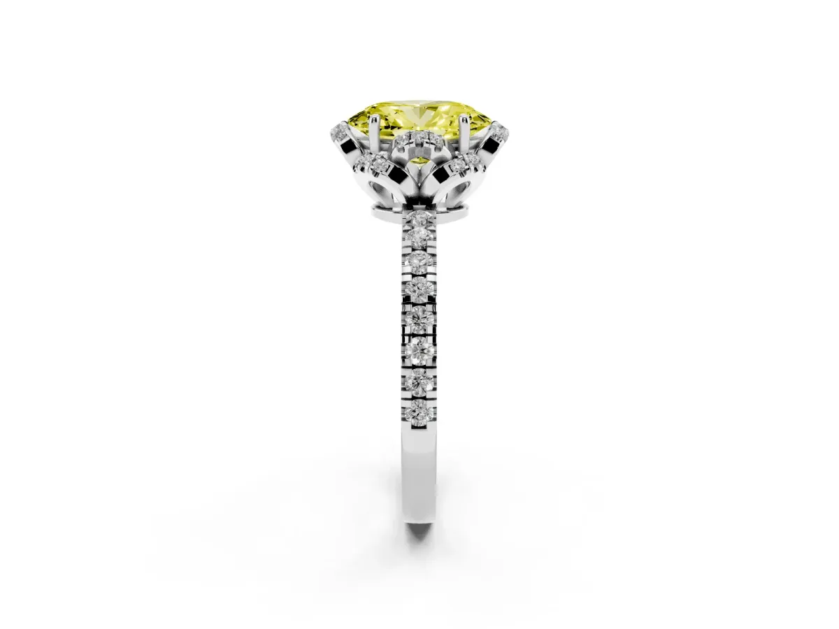 Fancy Yellow Oval Cut Halo Diamond Pave Band Ring with Four-Prong Setting Silver