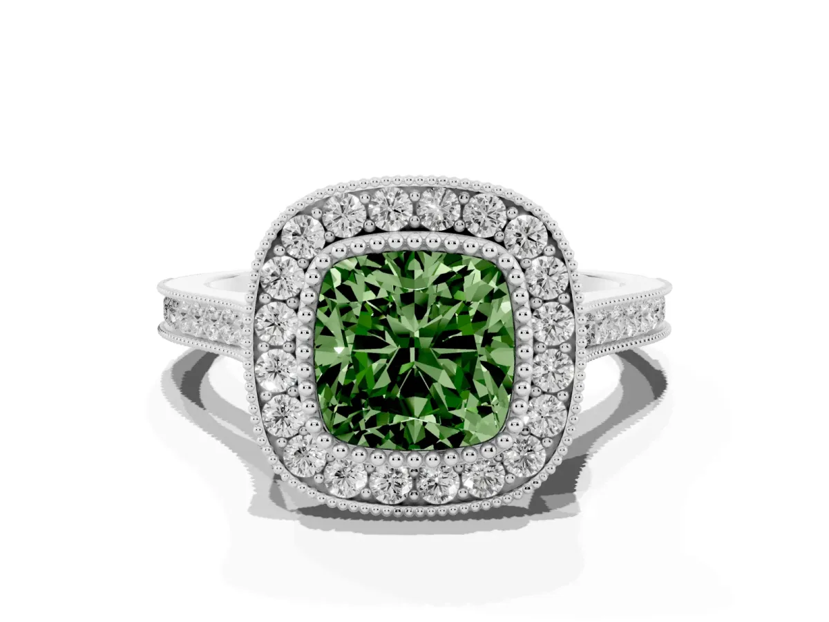 Fancy Green Cushion Cut Diamond Halo Ring with Milgrain Frame and Pavé Band White gold