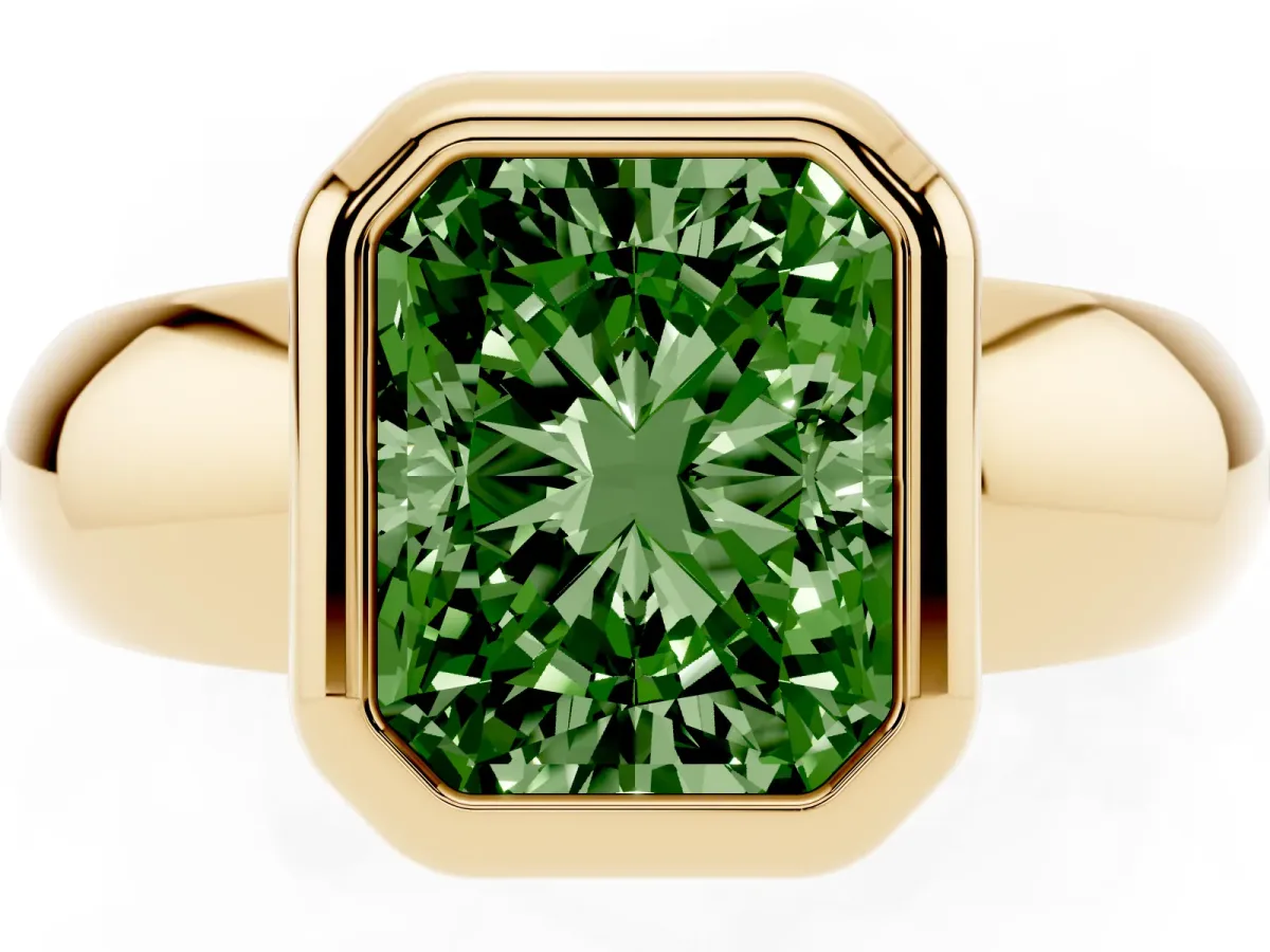Fancy Green Bezel Set Radiant Cut Solitaire Ring with Wide Band Yellow gold