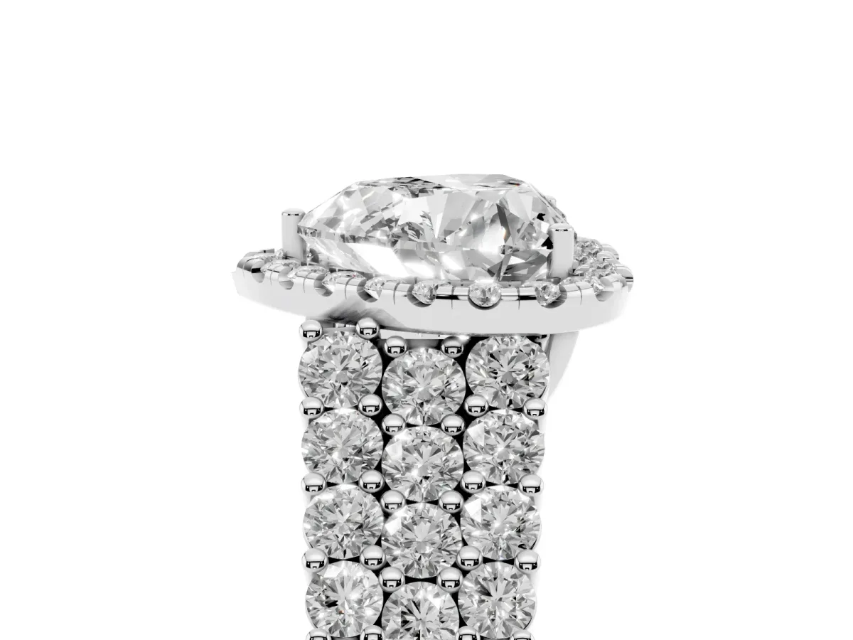 Heart Cut Diamond Halo Engagement Ring with Triple Row Round Pavé Band and Prong Setting Silver