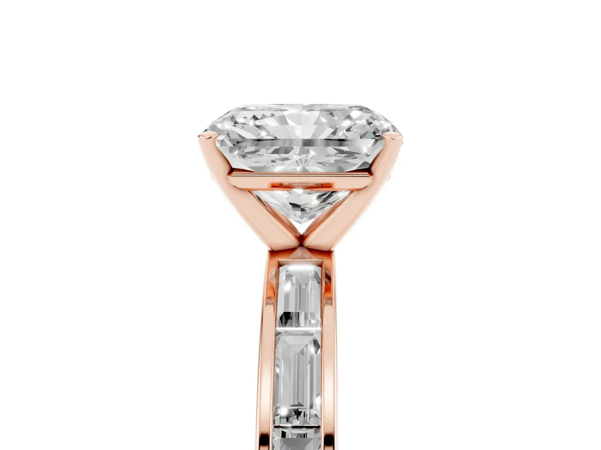 Radiant Cut Solitaire Diamond Ring with Channel-Set Baguette Band and Four-Prong Setting Rose gold