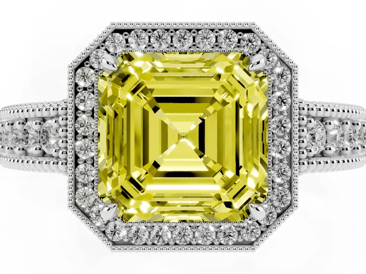 Fancy Yellow Asscher Cut Cut Halo Diamond Ring with Pavé Band and Four-Prong Setting Platinum