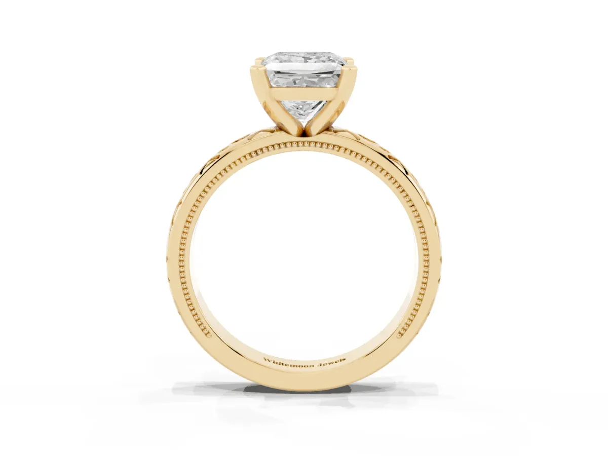Princess Cut Solitaire Engagement Ring with Scrollwork Band and Four-Prong Setting Yellow gold