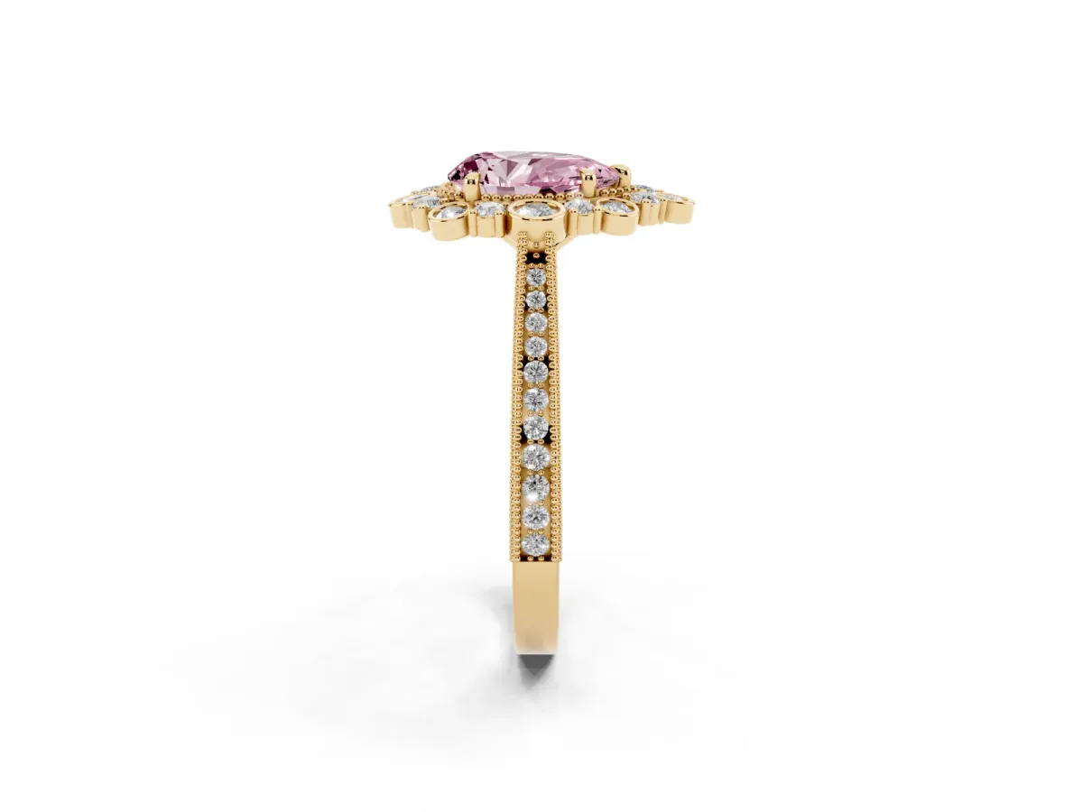 Fancy Pink Pear Cut Halo Milgrain Pave Diamond Ring with Four-Prong Setting Yellow gold