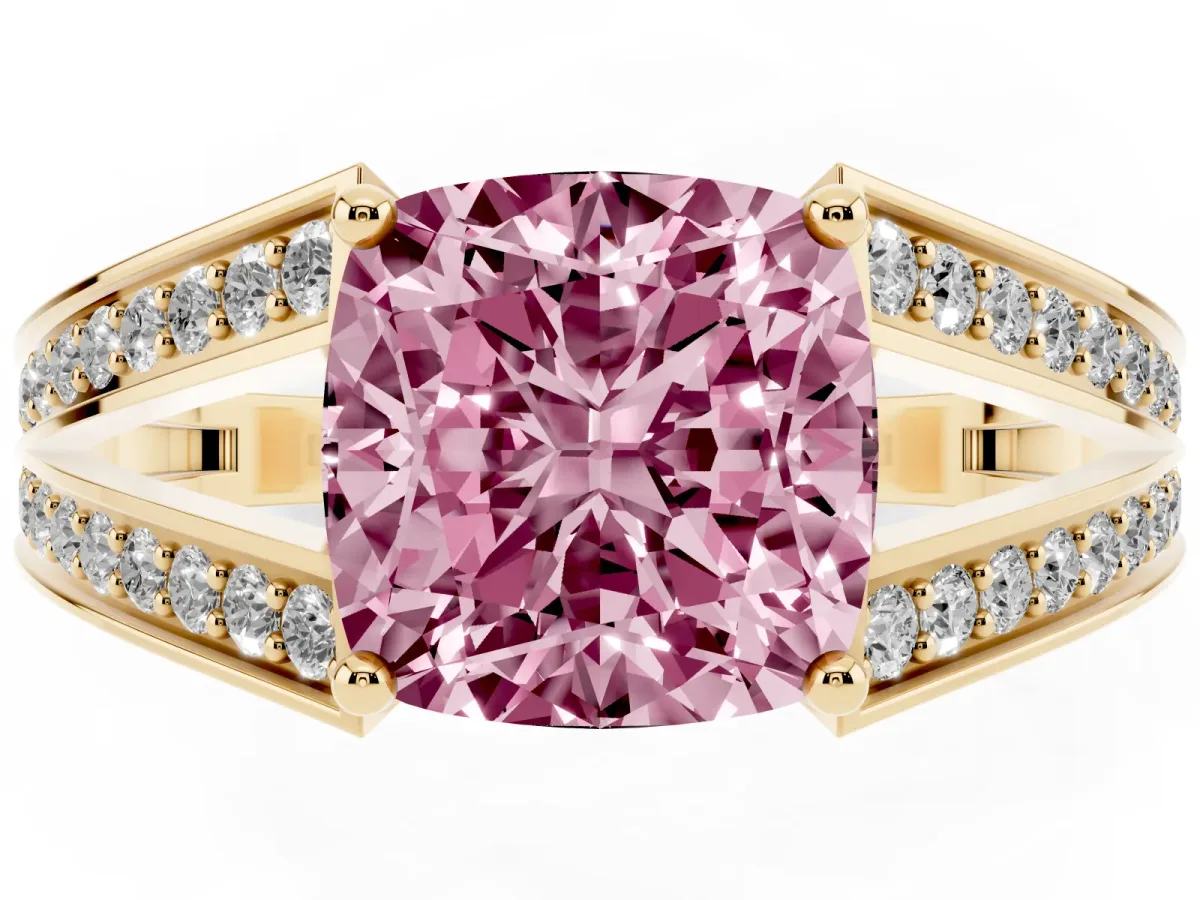 Fancy Pink Cushion Cut Diamond Split Shank Ring with Pavé Band and Four-Prong Setting Yellow gold
