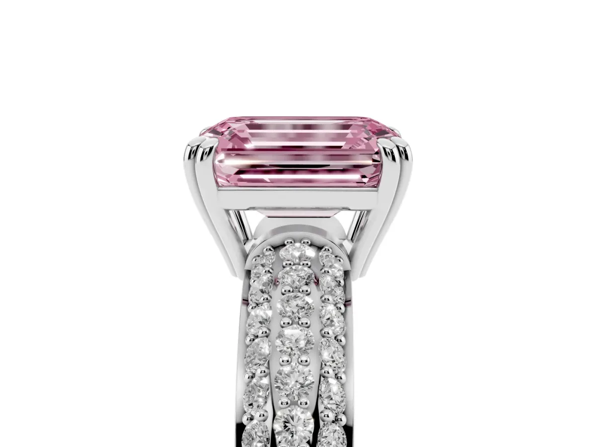 Fancy Pink Emerald Cut Diamond Solitaire Ring with Multi-Row Round Pavé Band and Prong Setting Silver