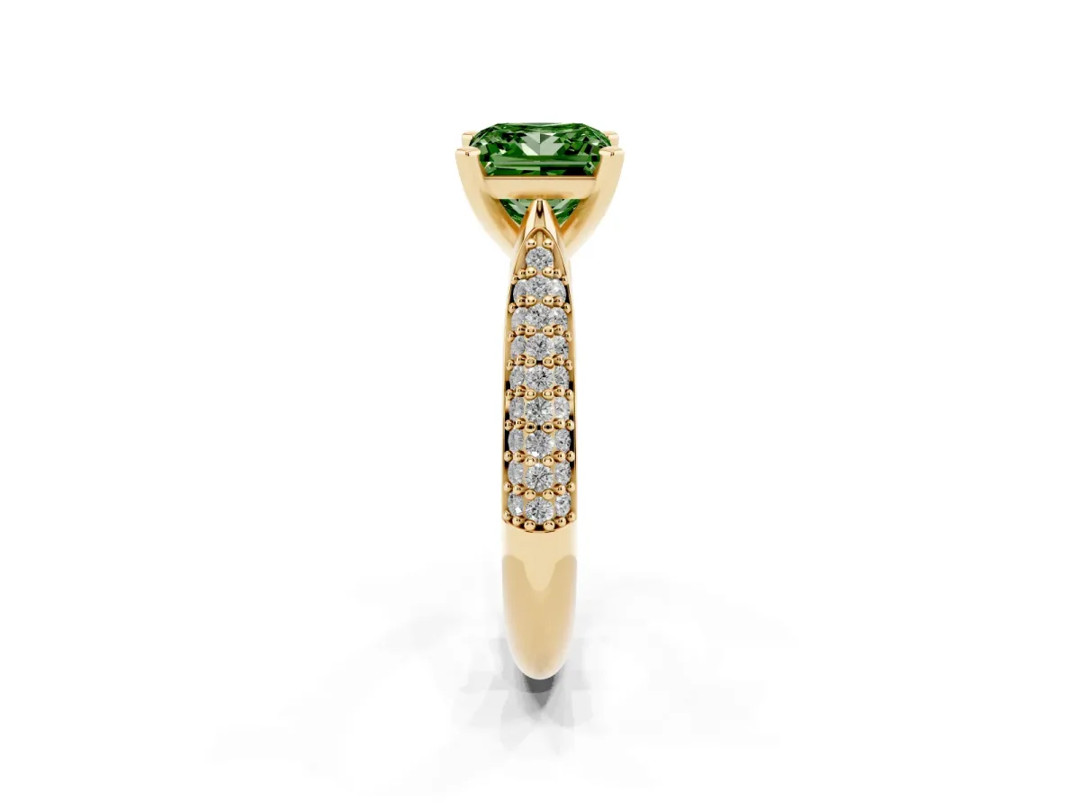 Fancy Green Princess Cut Diamond Solitaire Engagement Ring with Multi-Row Round Pavé Band and Prong Setting Yellow gold