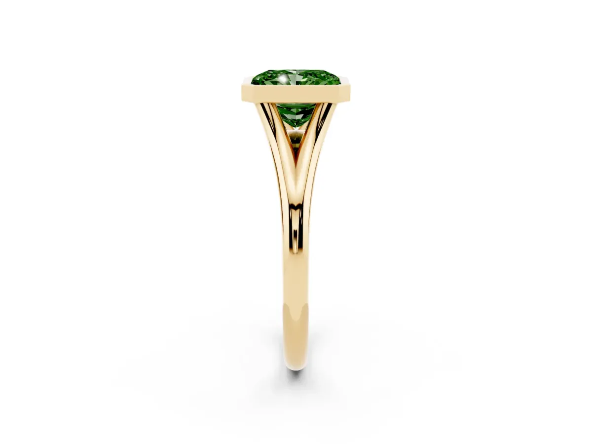 Fancy Green Bezel Set Radiant Cut Cut Solitaire Ring with Tapered Band Yellow gold
