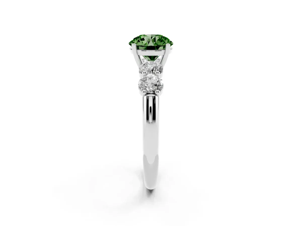 Fancy Green Round Cut Cut Five-Stone Prong Set Diamond Ring with Classic Band Platinum