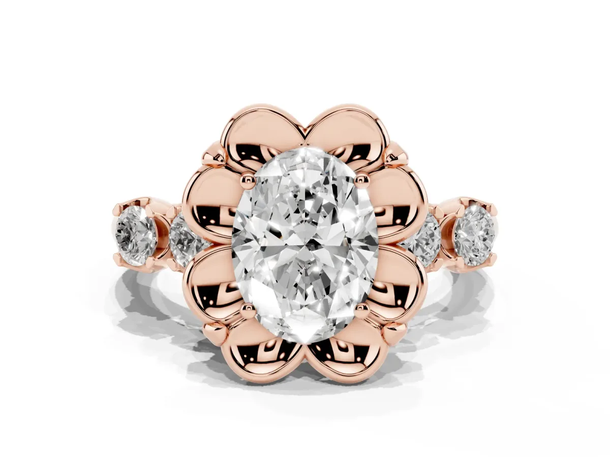 Oval Cut Cut Diamond Floral Halo Engagement Ring with Shared Prong Setting Rose gold