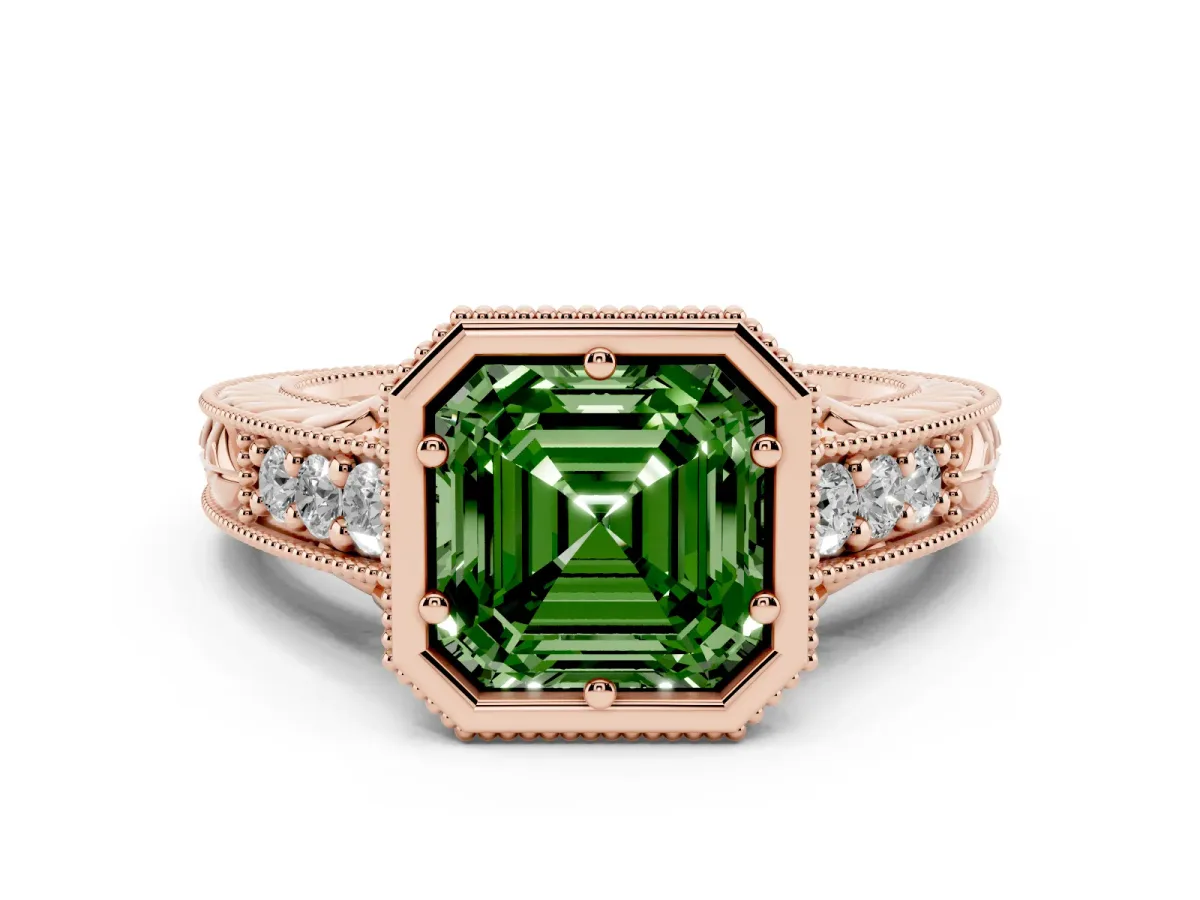 Fancy Green Bezel Set Asscher Cut Diamond Milgrain Pave Engagement Ring Rose gold