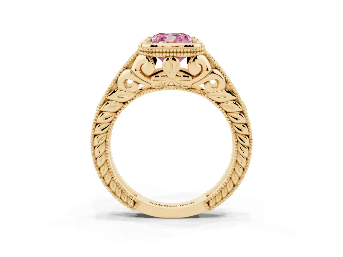 Fancy Pink Bezel Set Cushion Cut Diamond Milgrain Pave Engagement Ring Yellow gold