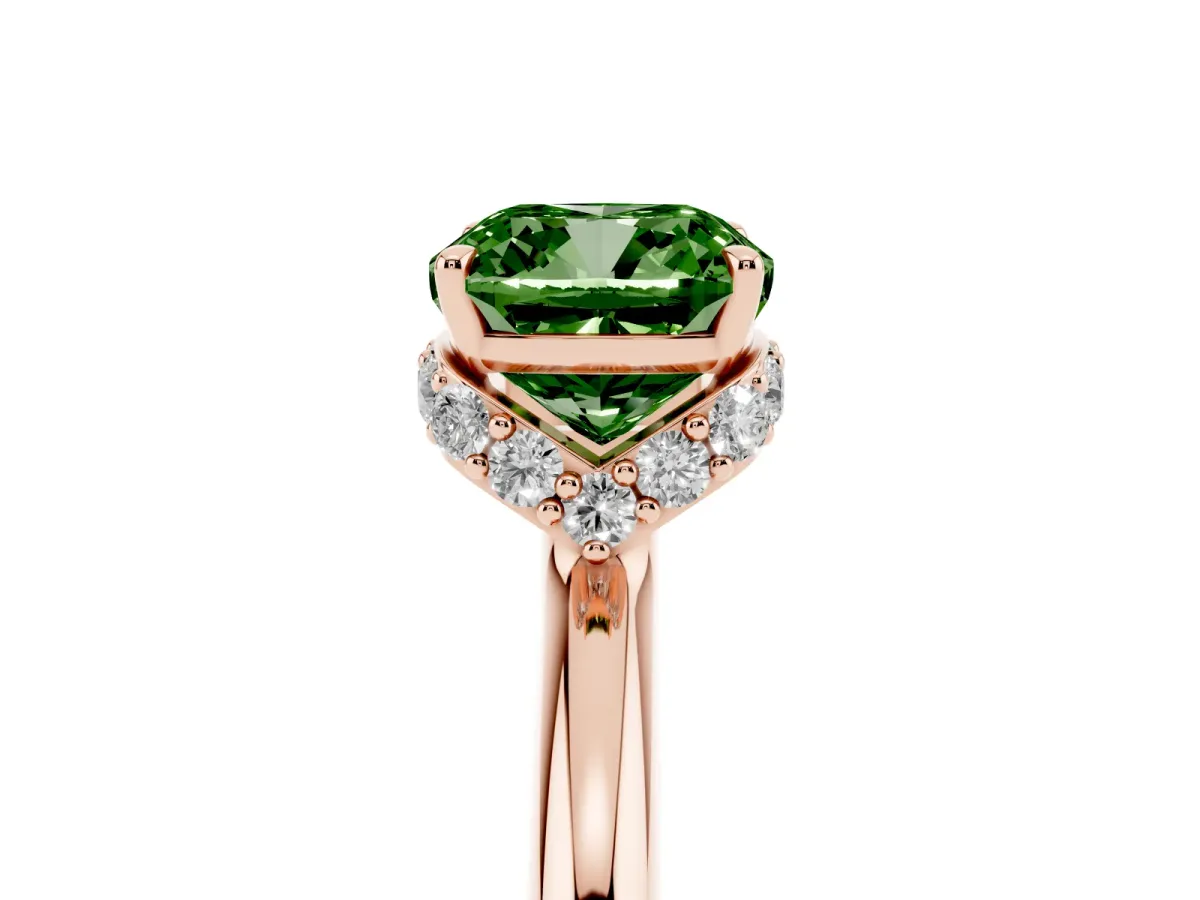 Fancy Green Cushion Cut Brilliant Solitaire Engagement Ring with Six-Prong Setting and Classic Band Rose gold