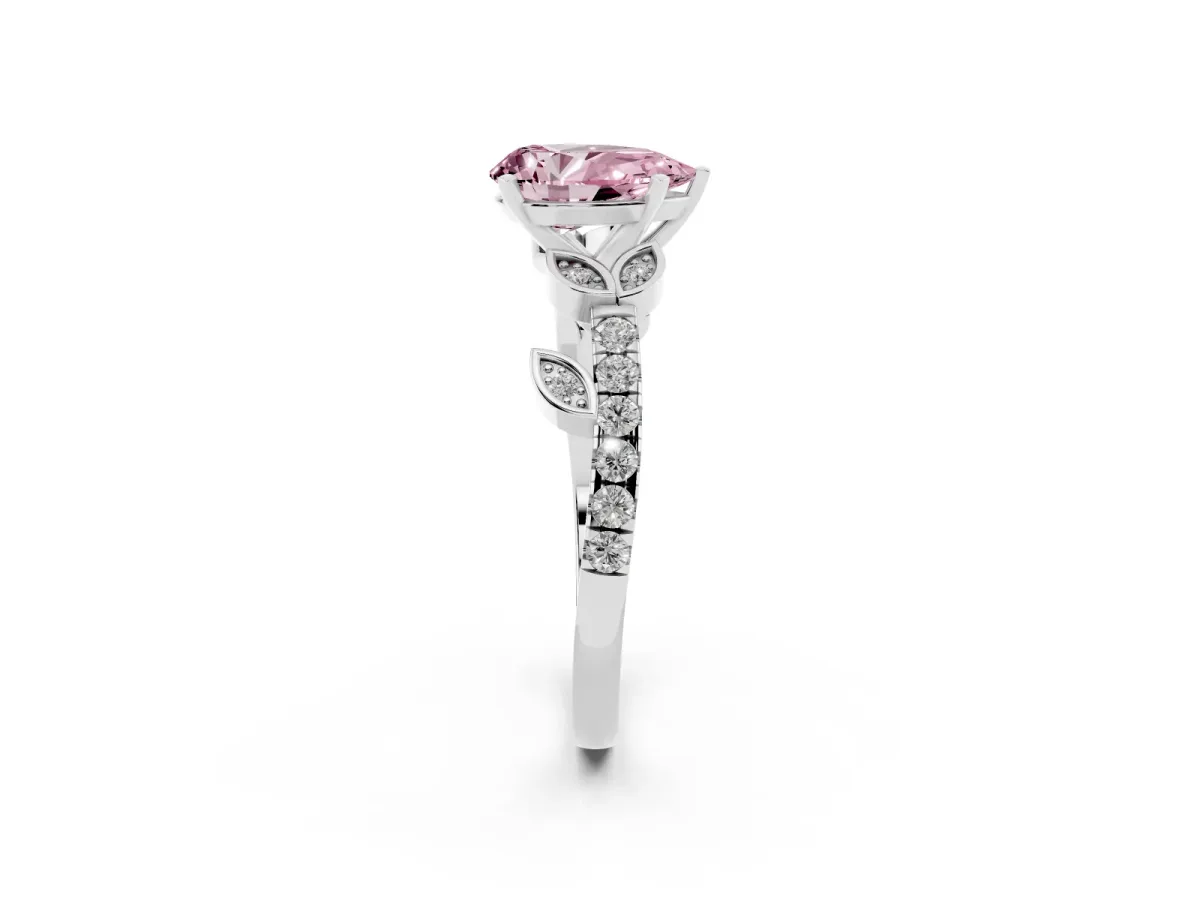 Fancy Pink Pear Cut Solitaire Leaf-Inspired Diamond Ring with Pavé Band and Four-Prong Setting Silver