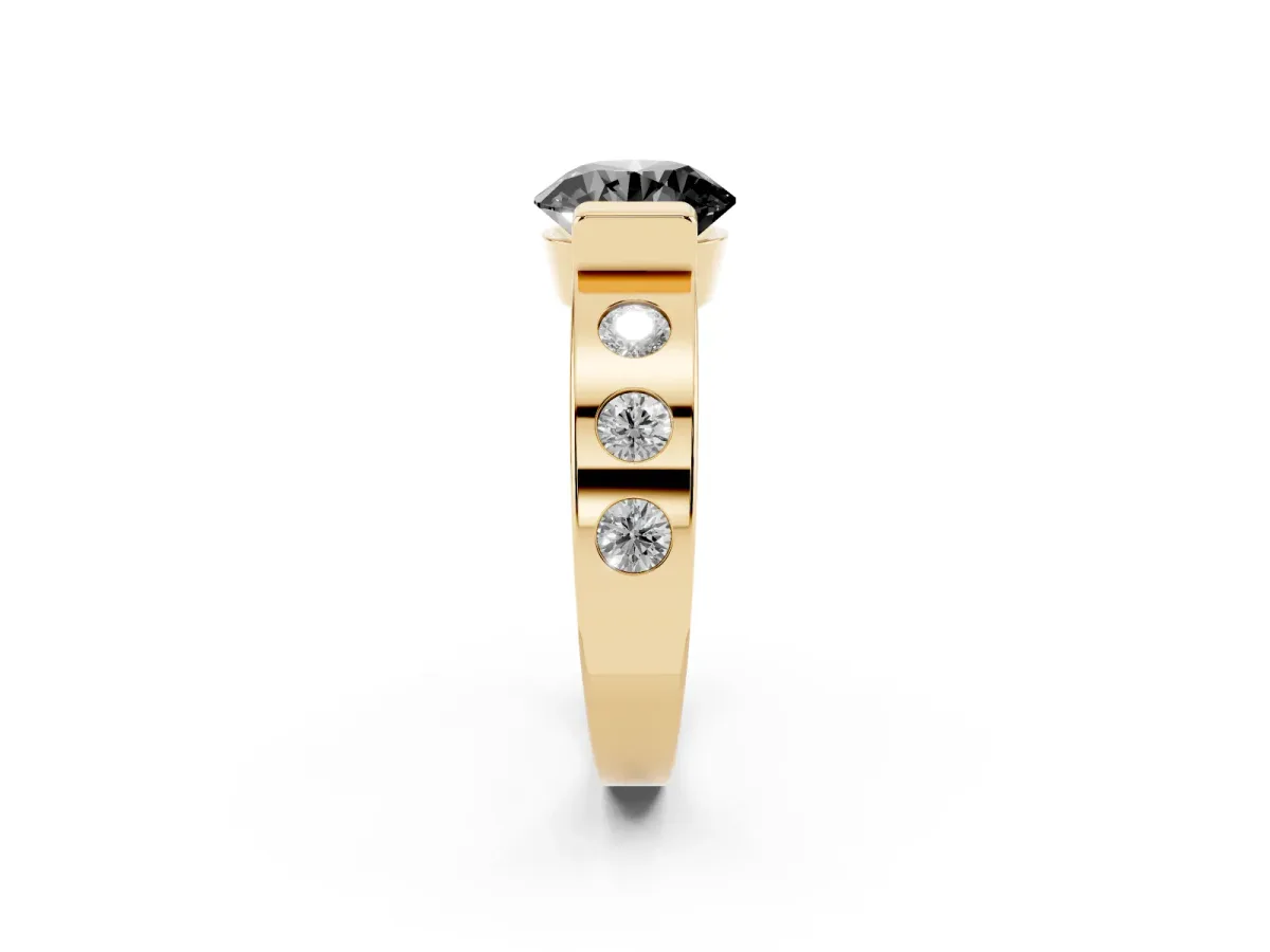 Fancy Black Round Cut Brilliant Channel-Set Diamond Ring with Bezel Prong Setting Yellow gold