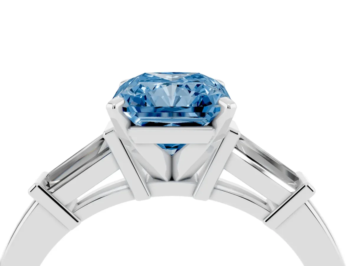 Fancy Blue Radiant Cut Cut Diamond Solitaire Ring with Tapered Baguette Accents and Four-Prong Setting Silver