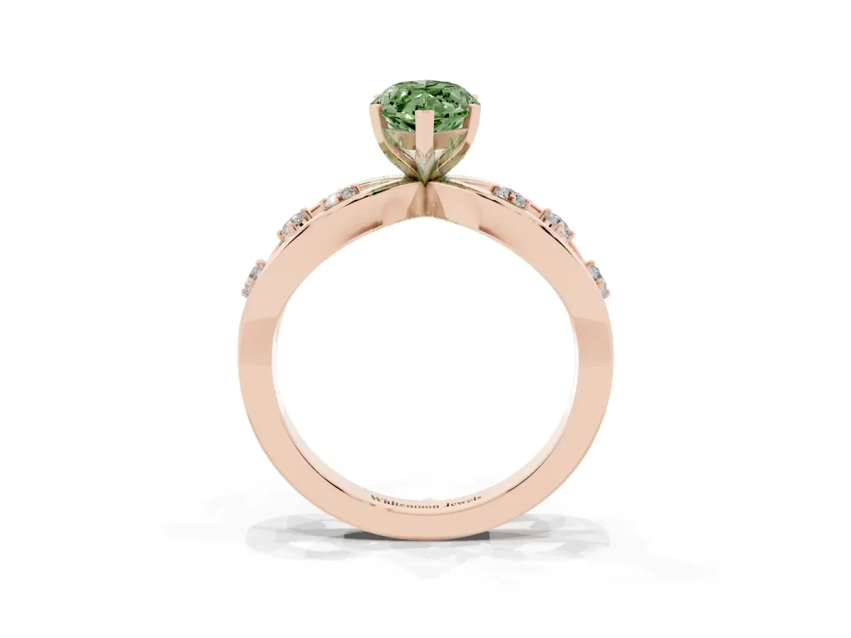 Fancy Green Marquise Cut Cut Solitaire Diamond with Side Stones on Criss-Cross Band and Four-Prong Setting Rose gold