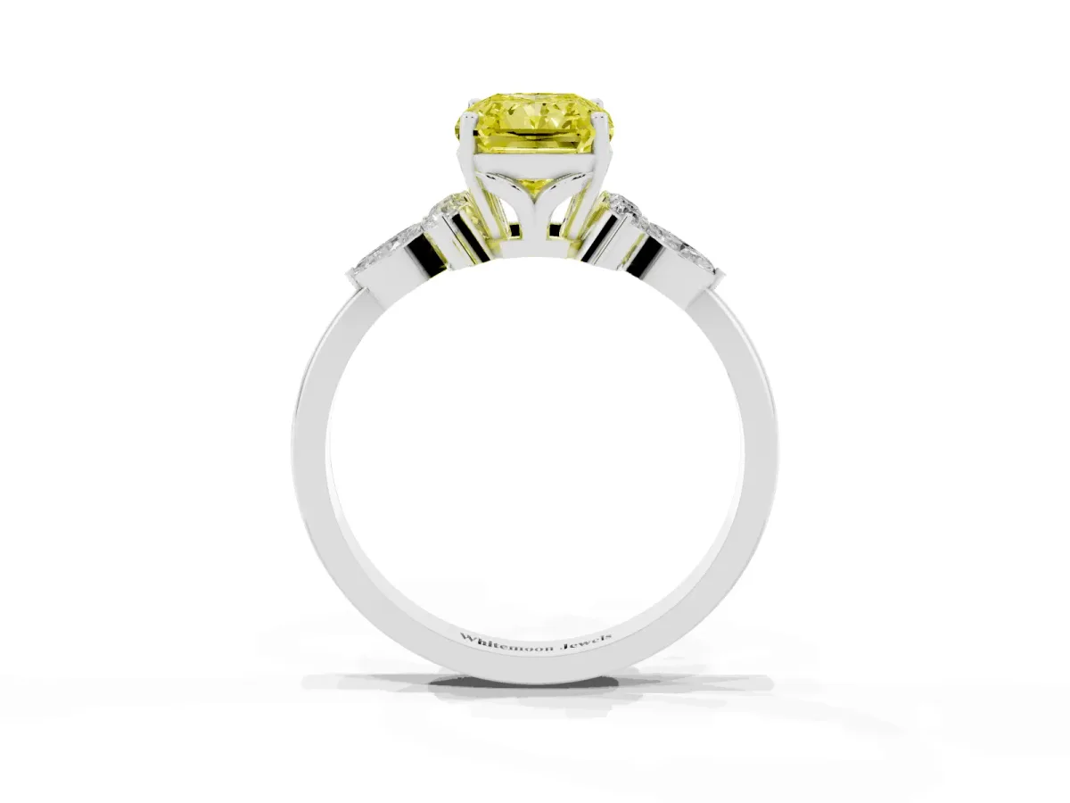 Fancy Yellow Radiant Cut Brilliant Diamond Solitaire Ring with Pear Side Stones and Four-Prong Setting Platinum