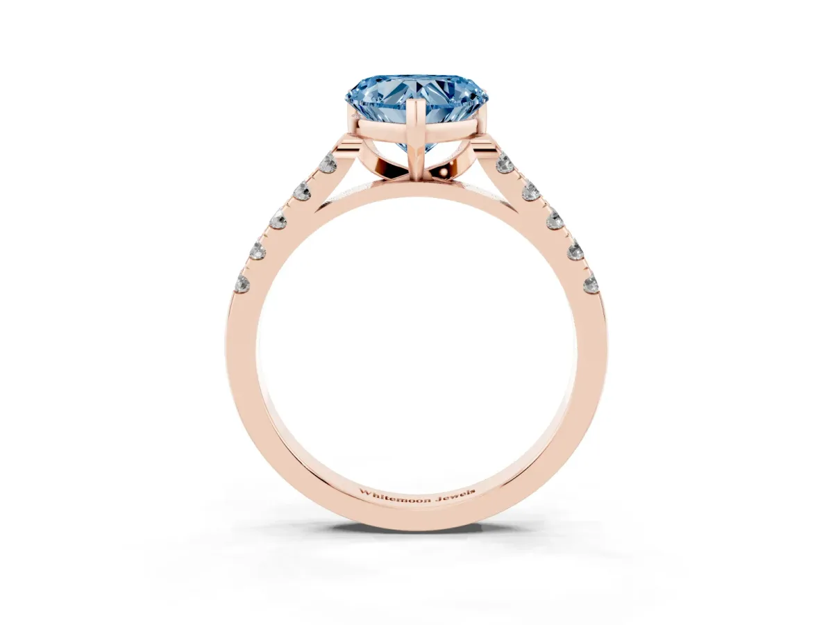 Fancy Blue Heart Cut Diamond Pavé Band Solitaire Ring with Prong Setting Rose gold