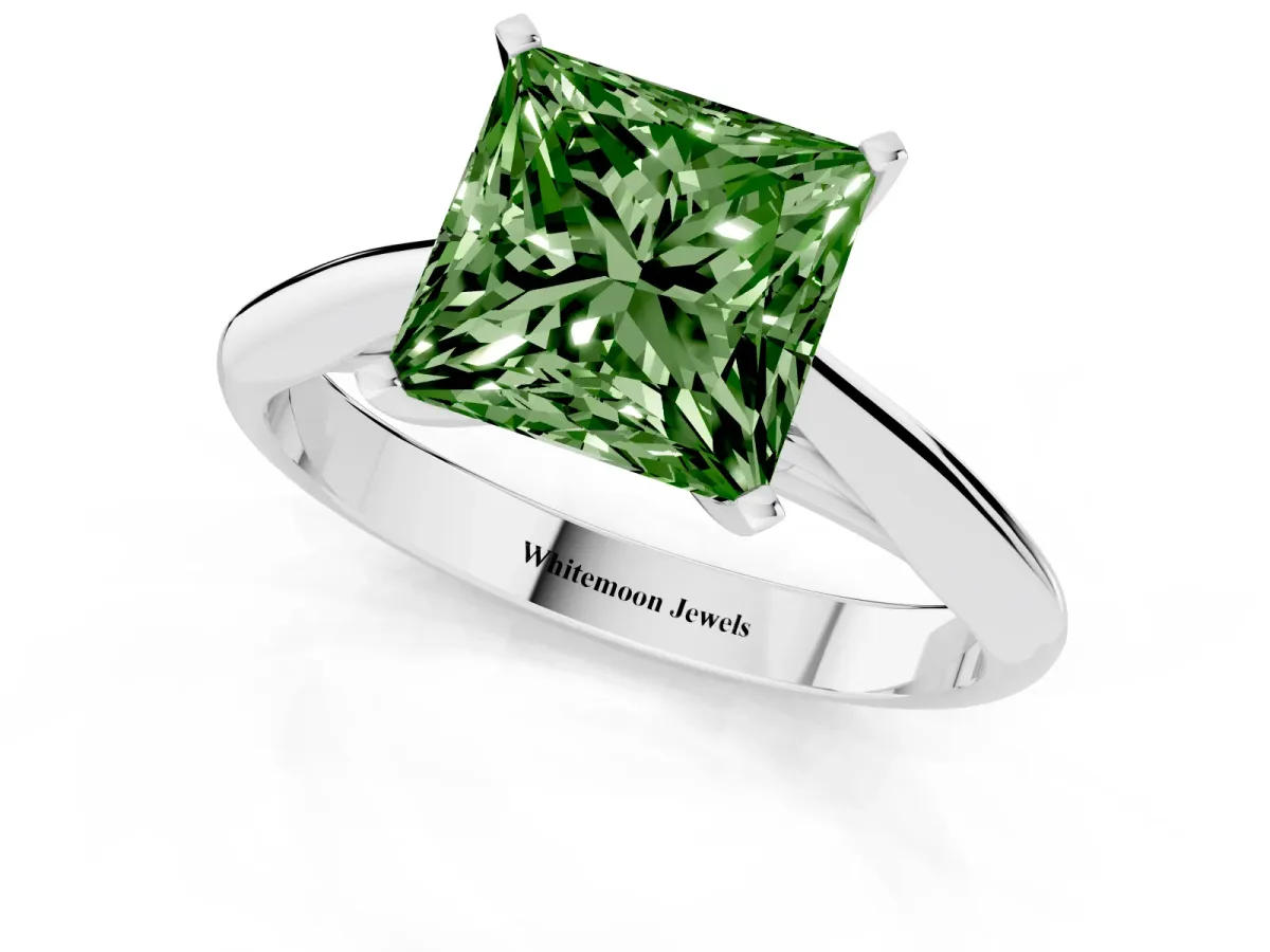 Fancy Green Princess Cut Diamond Solitaire Engagement Ring with Cathedral Setting and Four-Prong Mount Silver