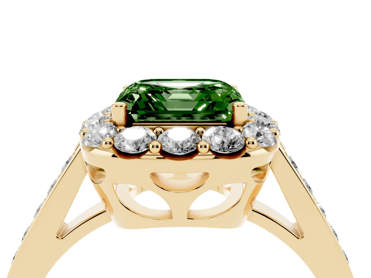 Fancy Green Asscher Cut Diamond Floral Halo Ring with Pavé Band and Prong Setting Yellow gold