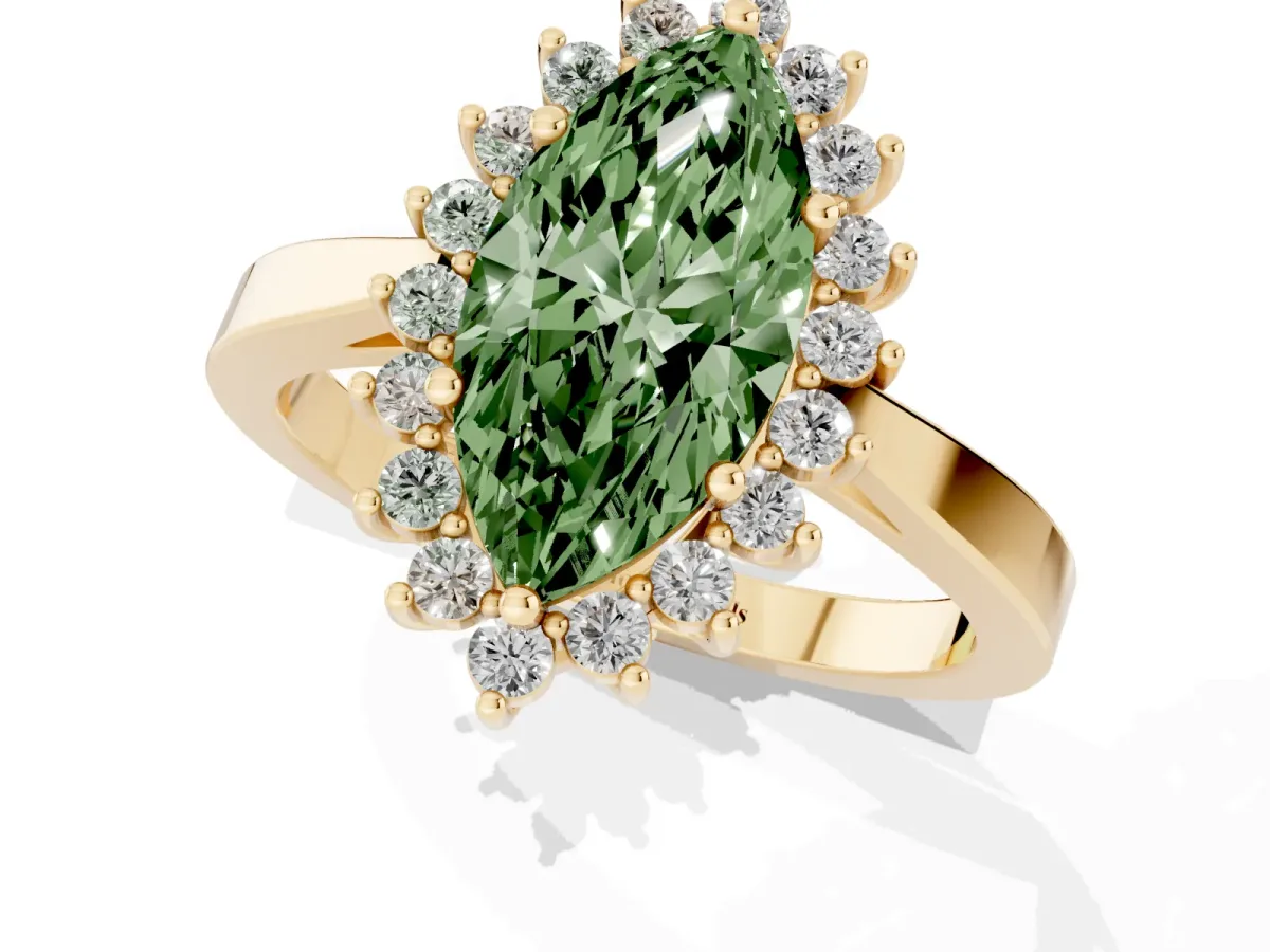 Fancy Green Marquise Cut Cut Diamond Halo Ring with Round Brilliant Halo and Solitaire Band Yellow gold