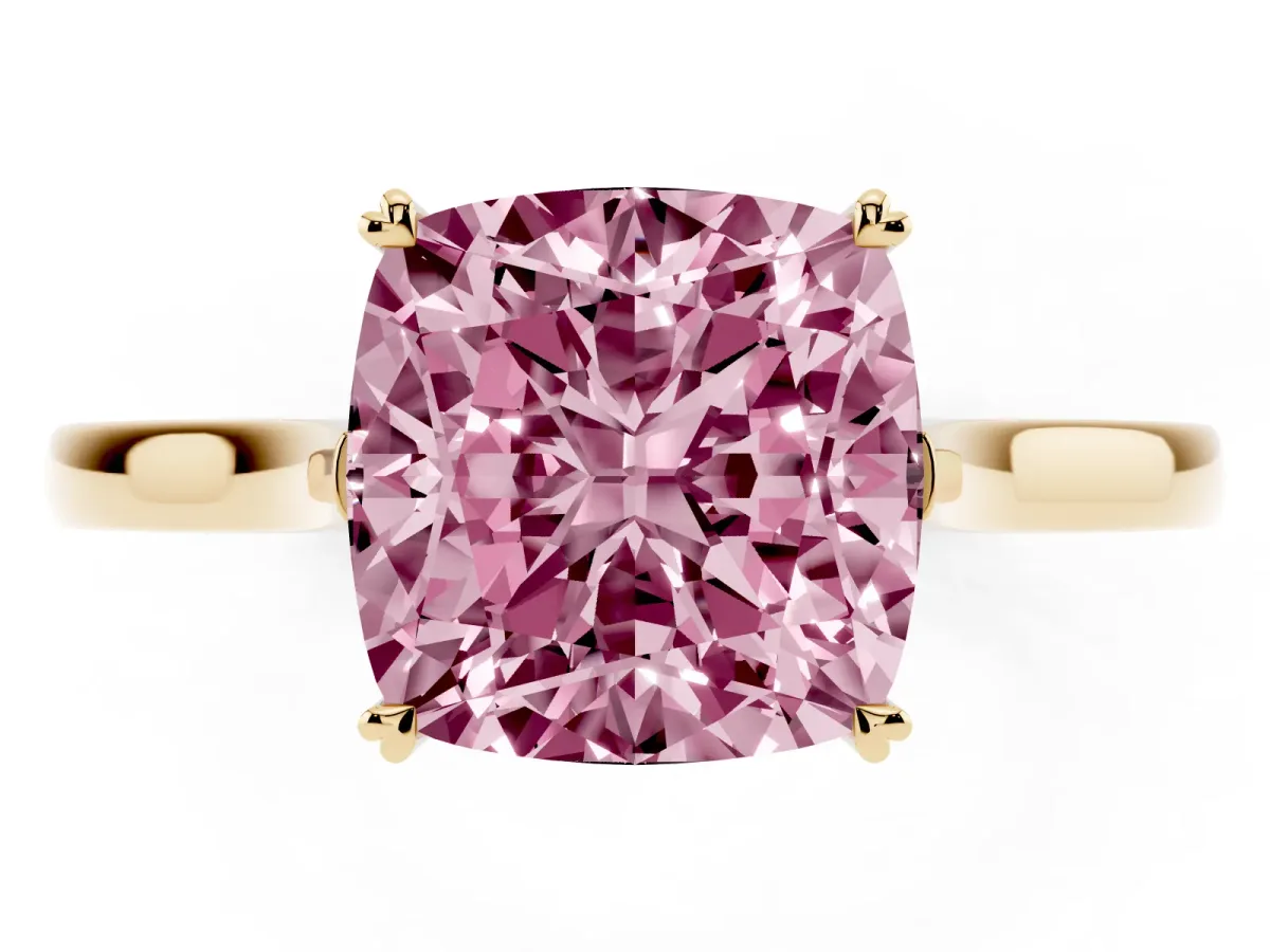 Fancy Pink Cushion Cut Solitaire Heart Prong Engagement Ring with Tapered Band Yellow gold