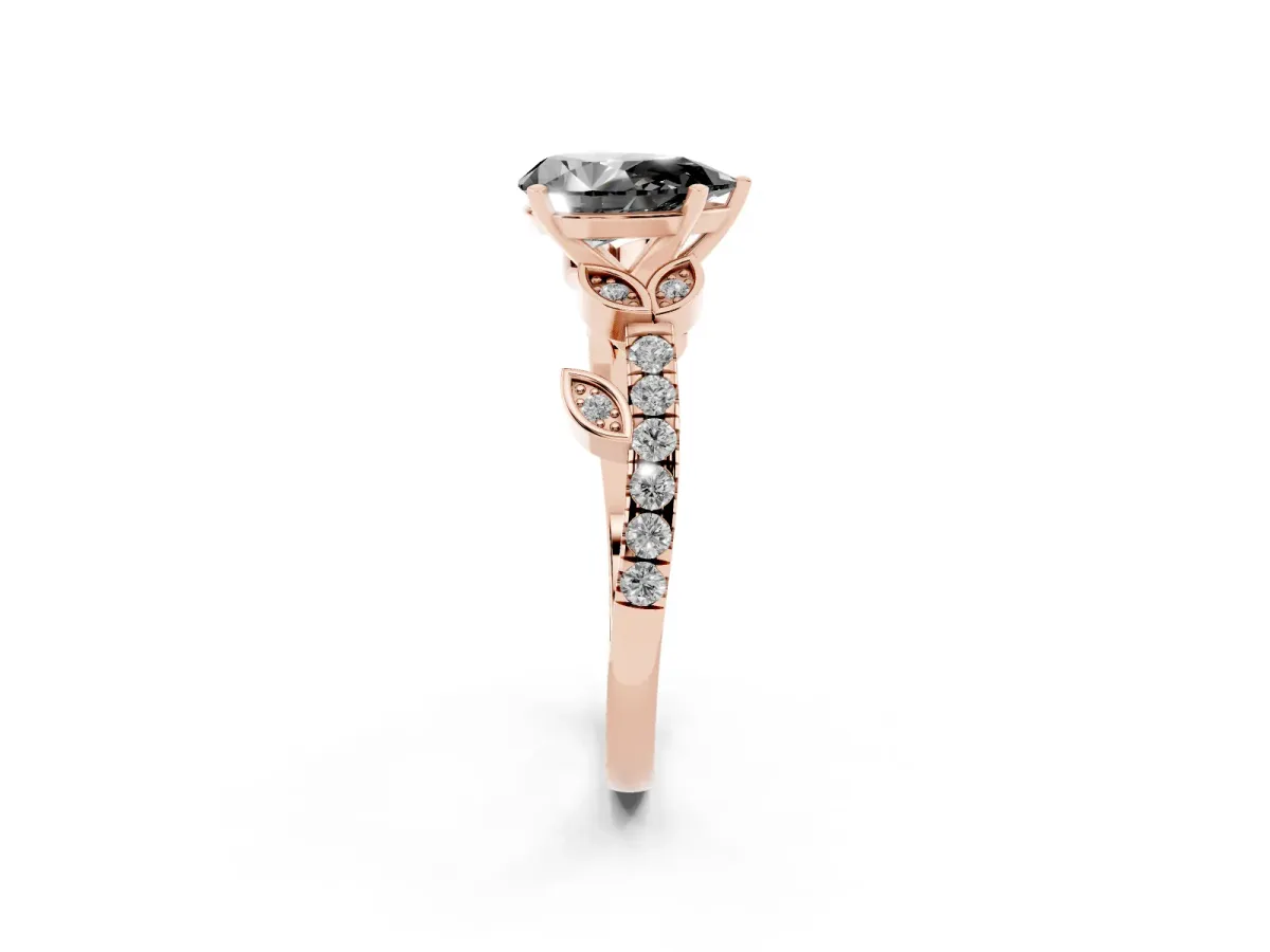 Fancy Black Pear Cut Solitaire Leaf-Inspired Diamond Ring with Pavé Band and Four-Prong Setting Rose gold