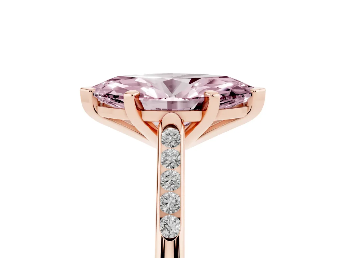Fancy Pink Marquise Cut Diamond Solitaire Ring with Channel Set Round Band and Prong Setting Rose gold