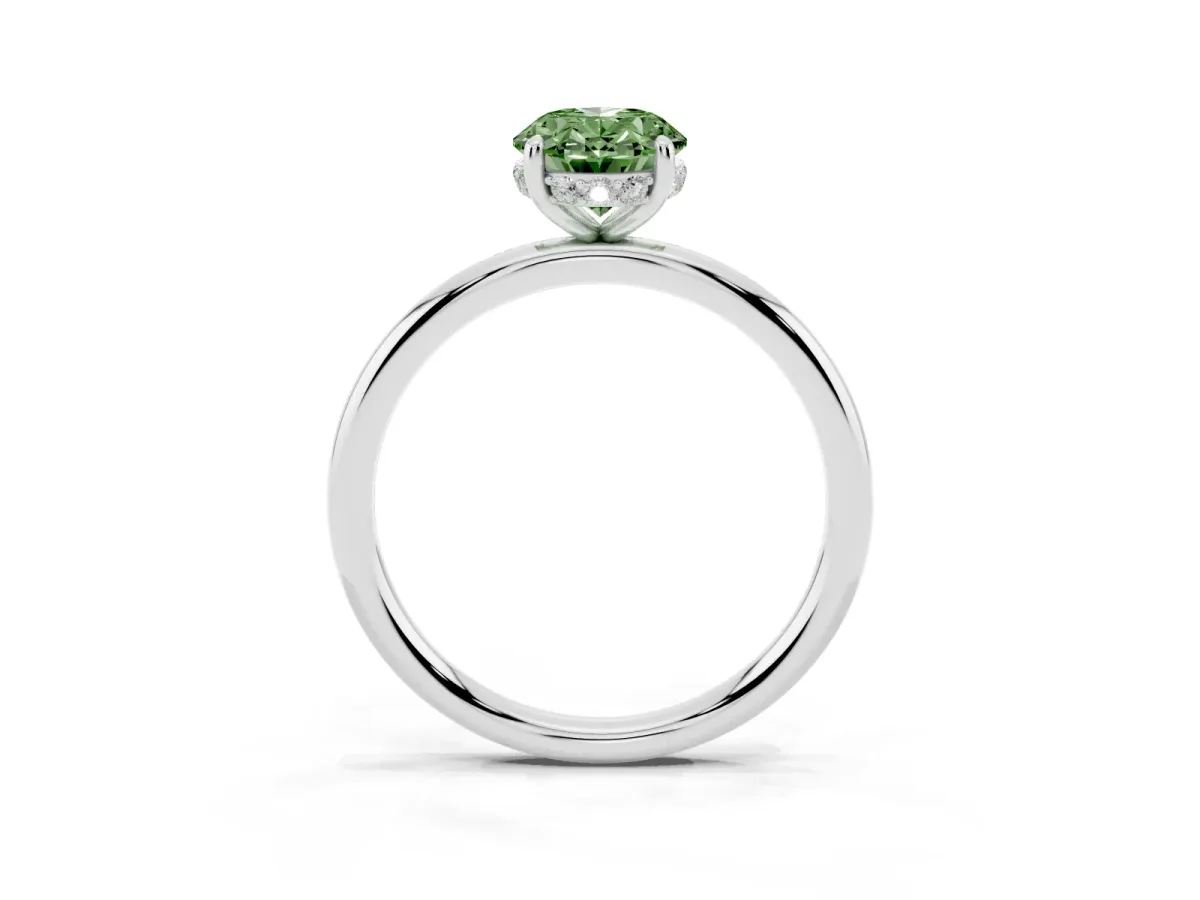 Fancy Green Oval Cut Solitaire Diamond Ring with a Classic Band and Four-Prong Setting Silver